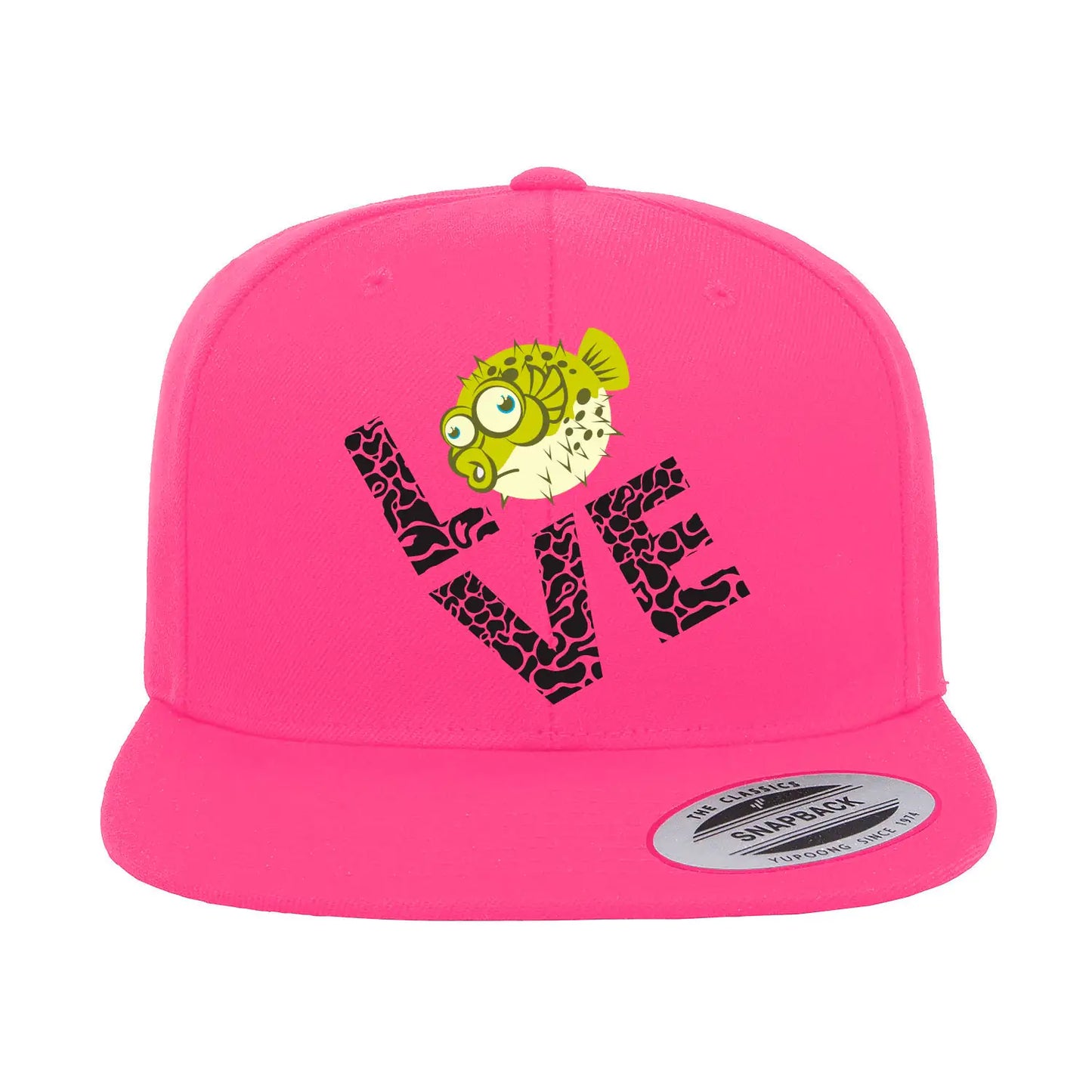 Love Fishing Green Blowfish Globe Flat Bill Cap