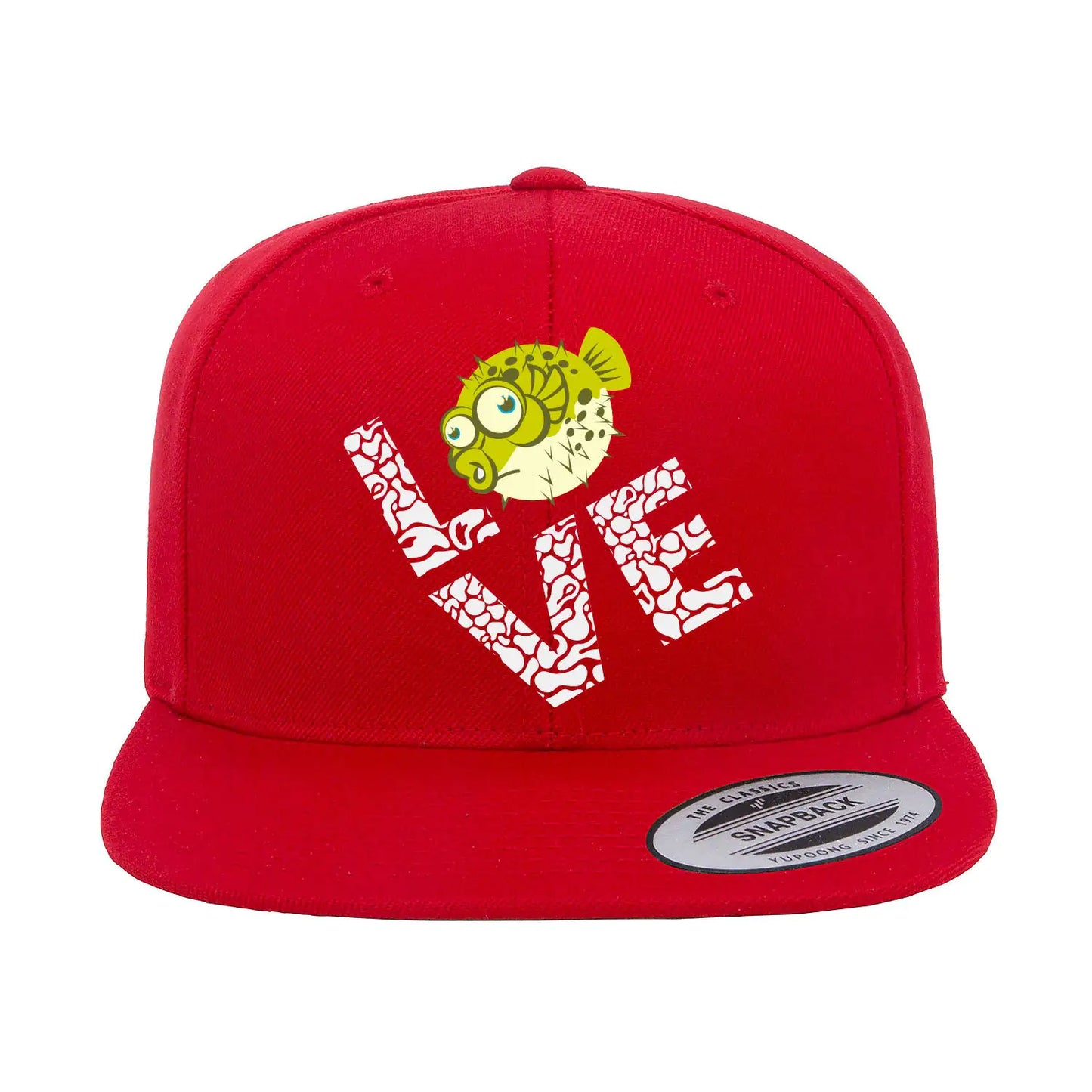 Love Fishing Green Blowfish Globe Flat Bill Cap