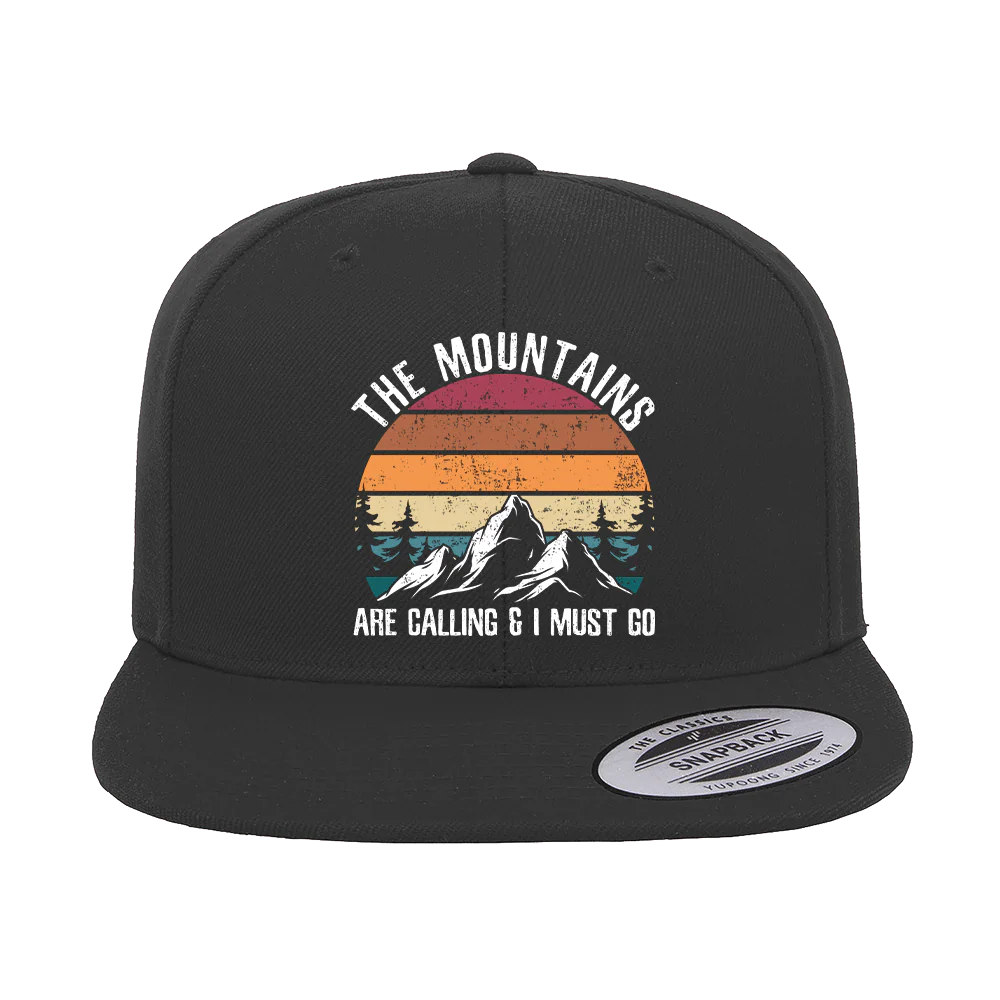 Hiking The Mountains Are Calling Printed Flat Bill Cap