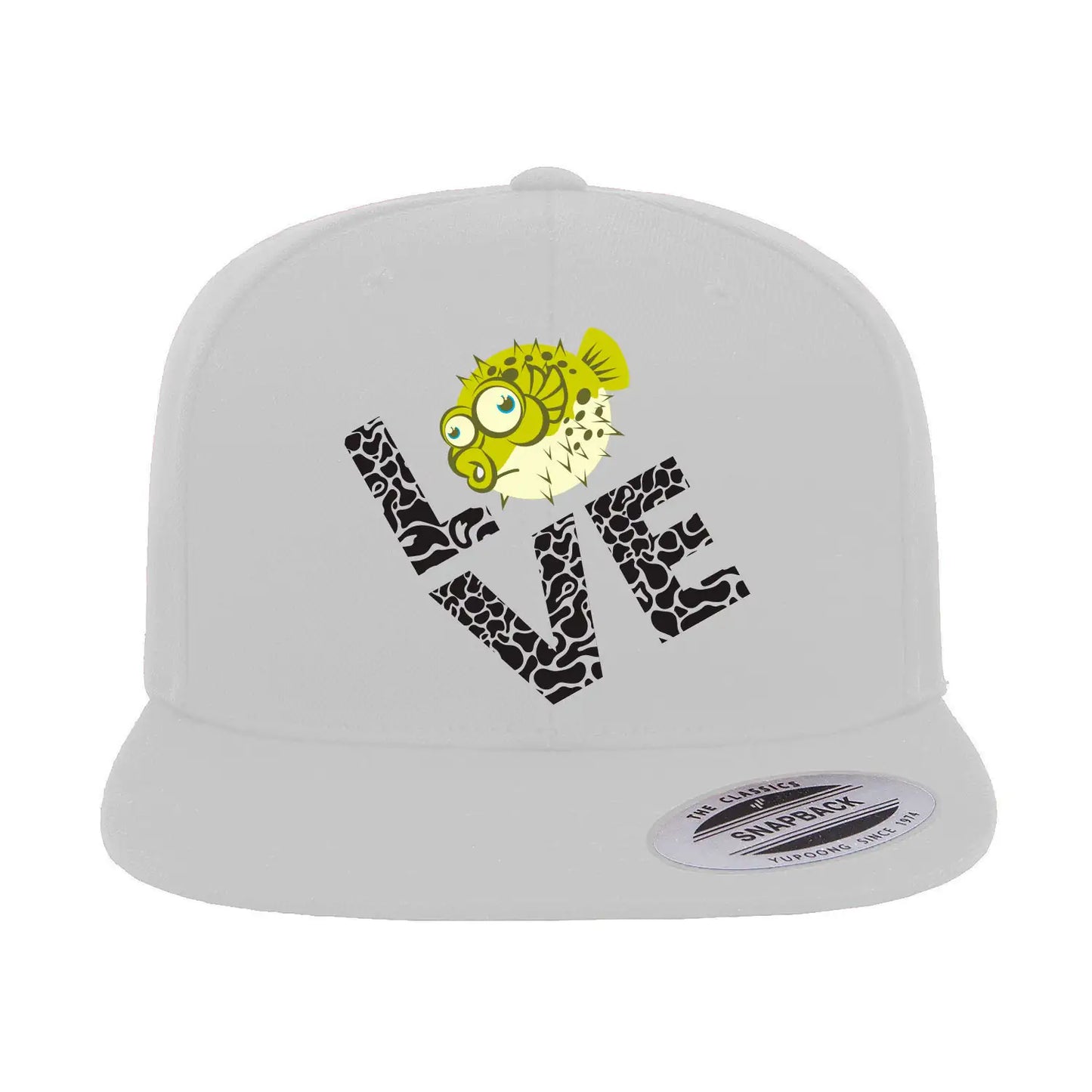 Love Fishing Green Blowfish Globe Flat Bill Cap